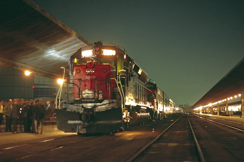 Nighttime view of the last Southern Pacific Lark overnight train leaving Los Angeles Union Station on April 8, 1968